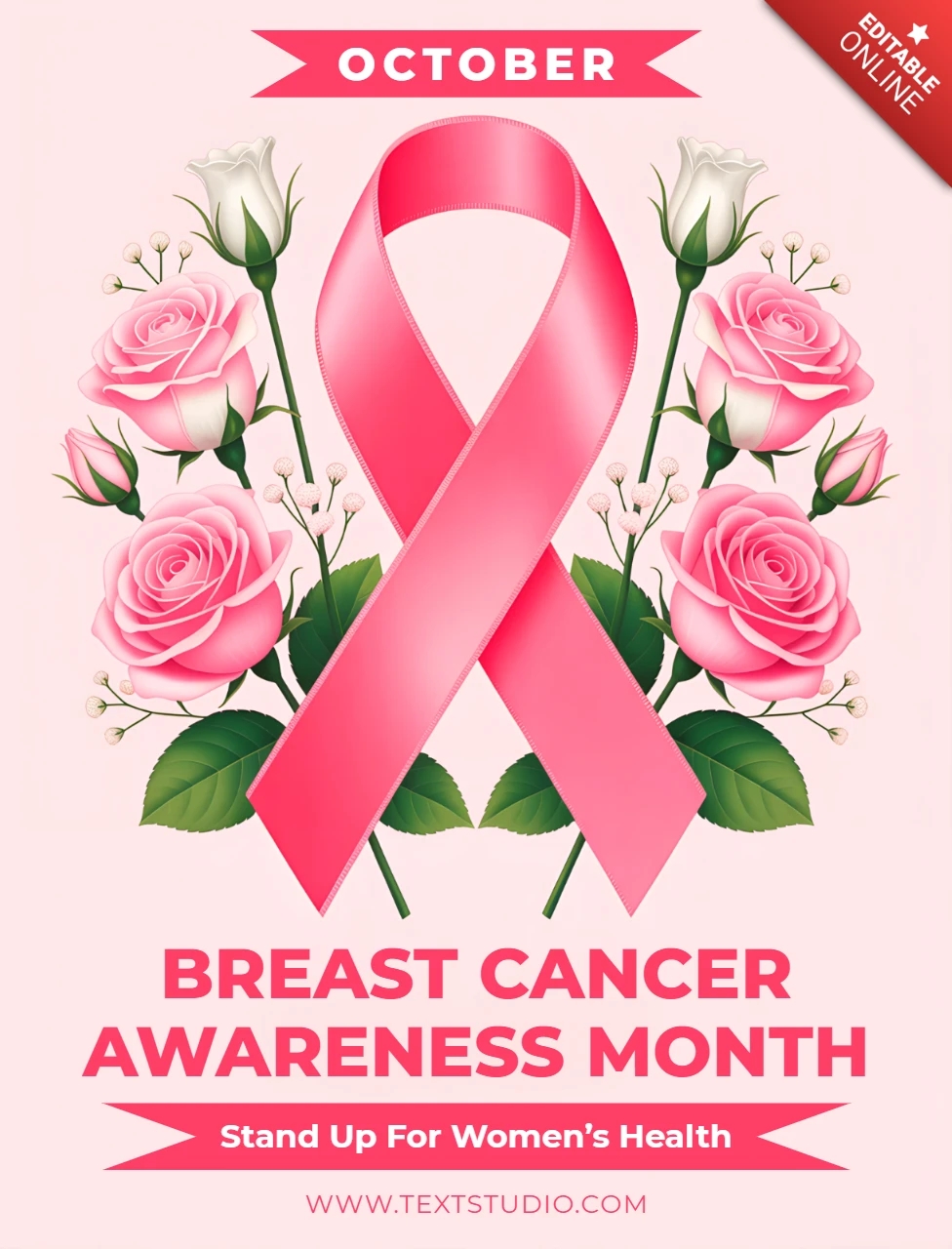 Breast Cancer Awareness Month Design Template with Pink Ribbon and Roses for Posters