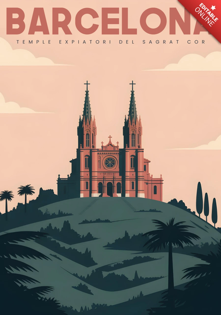 Tempel des heiligen Herzens mit Palmen und Sonnenuntergang Himmel Barcelona Reiseplakate Designvorlage