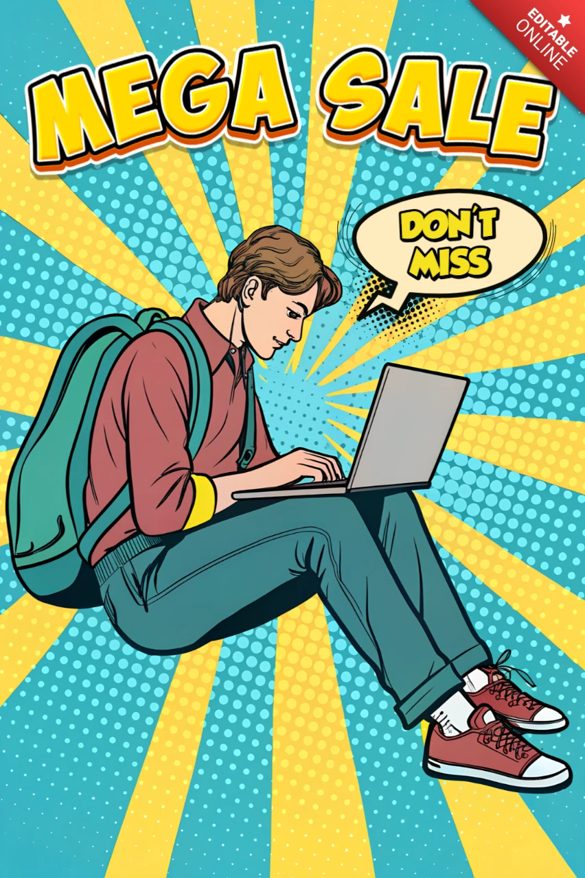 Pop-Art-Mega-Verkaufsvorlage für Werbeflyer mit Laptop und jugendlichem Stil