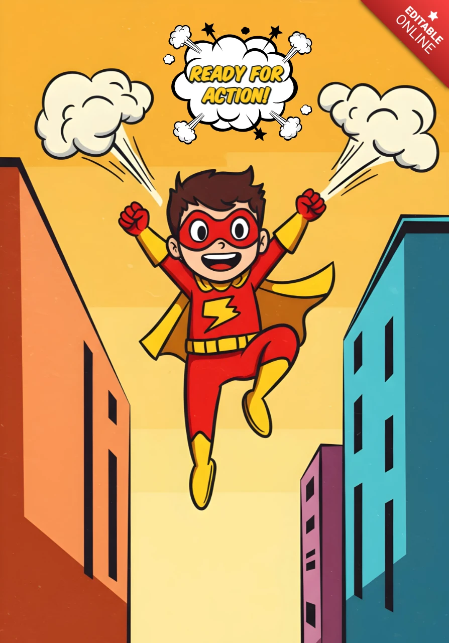 Pronto para a ação, crianças voando, herói de cartoon com emblema de relâmpago, modelo de design de pôster.