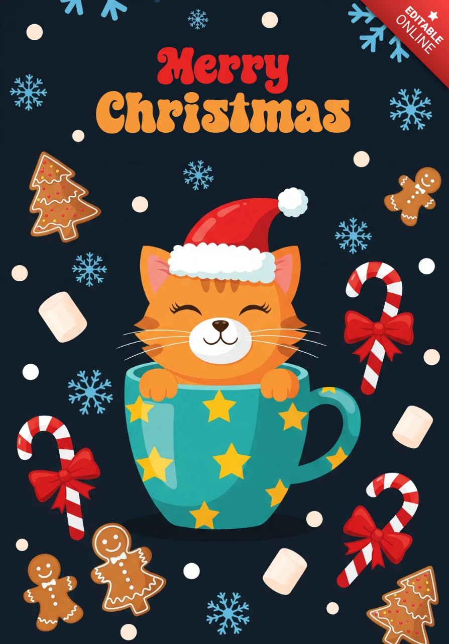 メリークリスマスカード、キャンディケインとジンジャーブレッドに囲まれたマグの中のフェスティブな猫、居心地の良い冬のシーン。