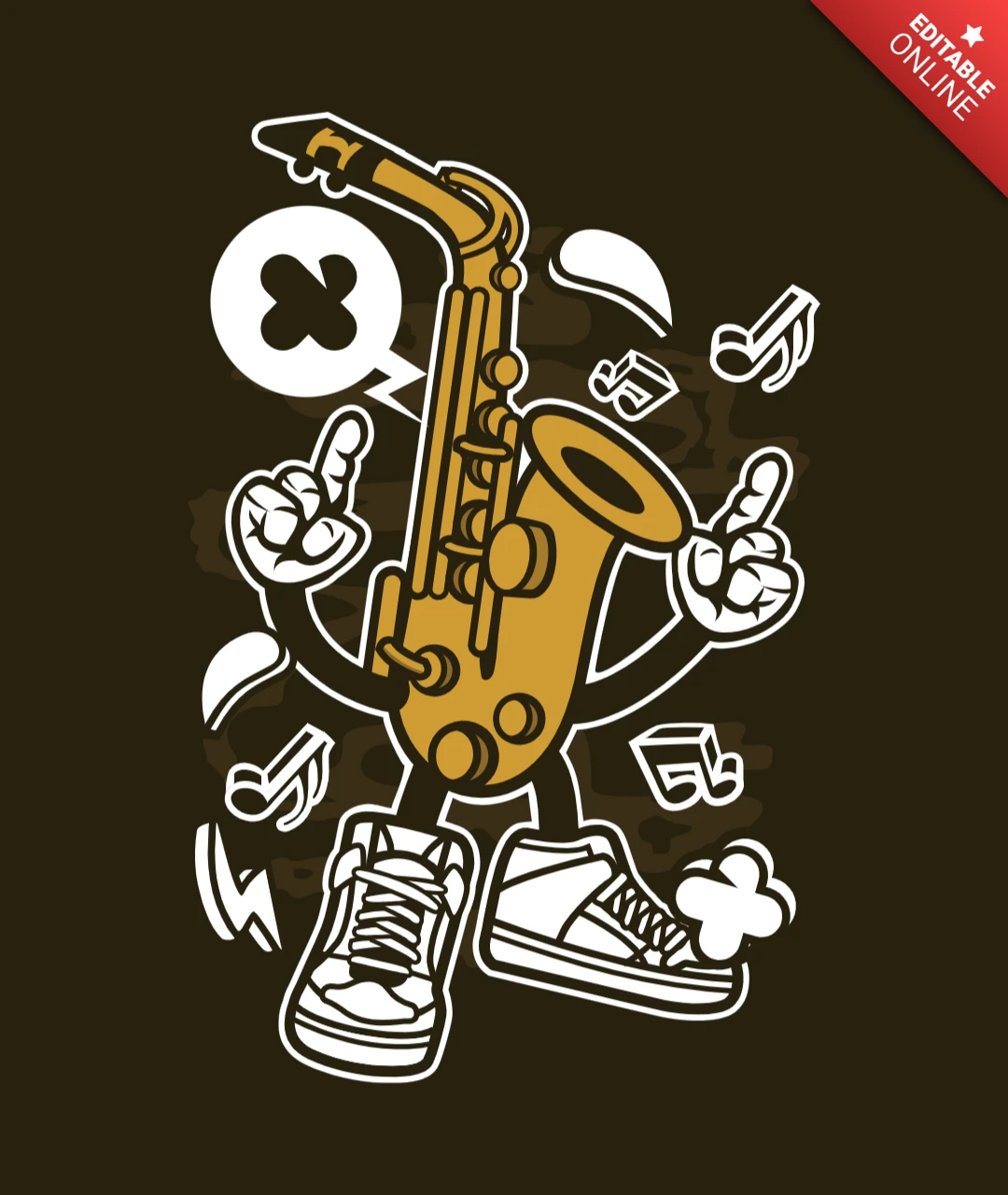 Saxophone Cartoon Character T-Shirt Design Template