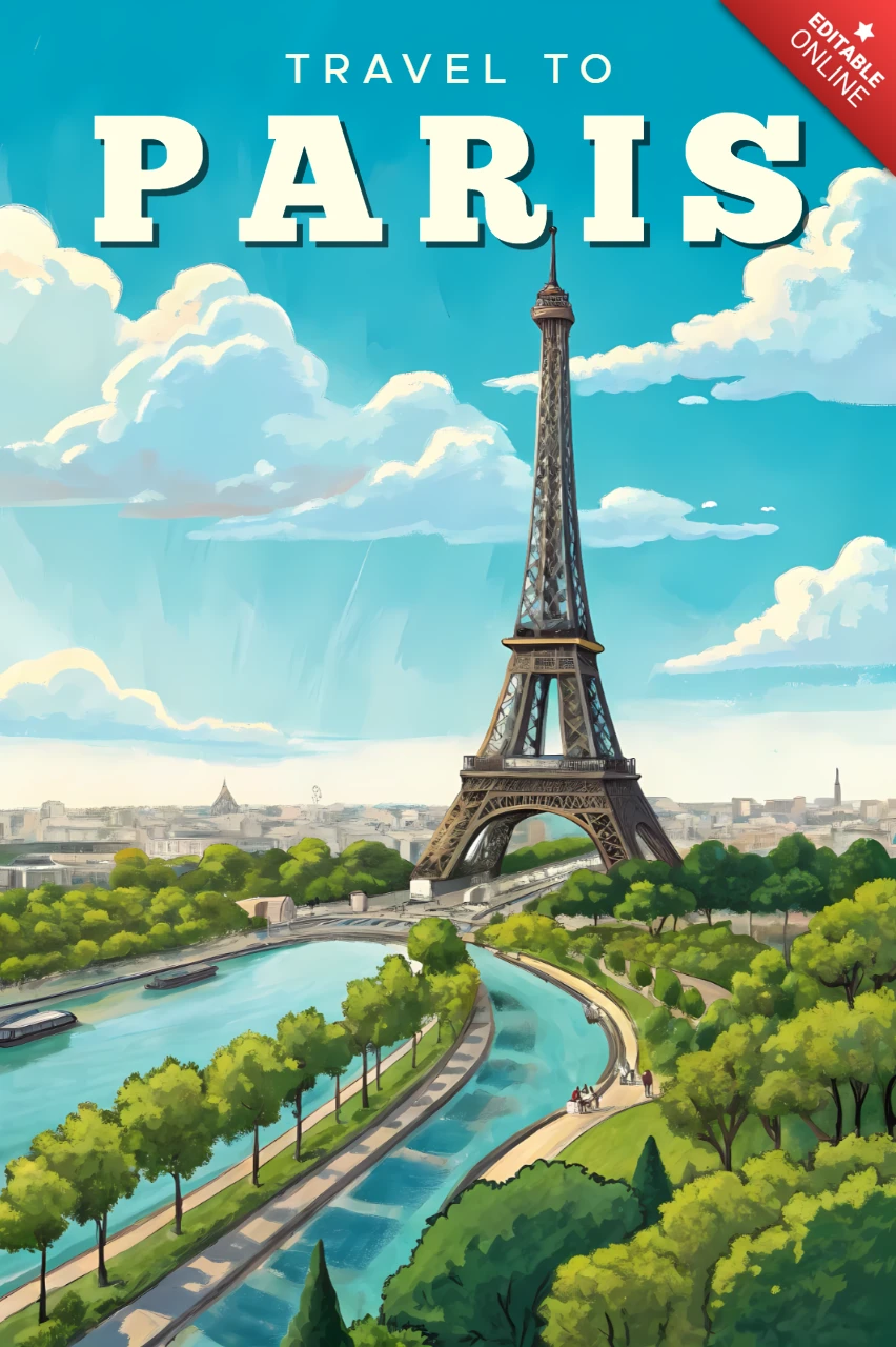 Vintage Travel Poster Design Template Featuring Eiffel Tower for Travel Promotions