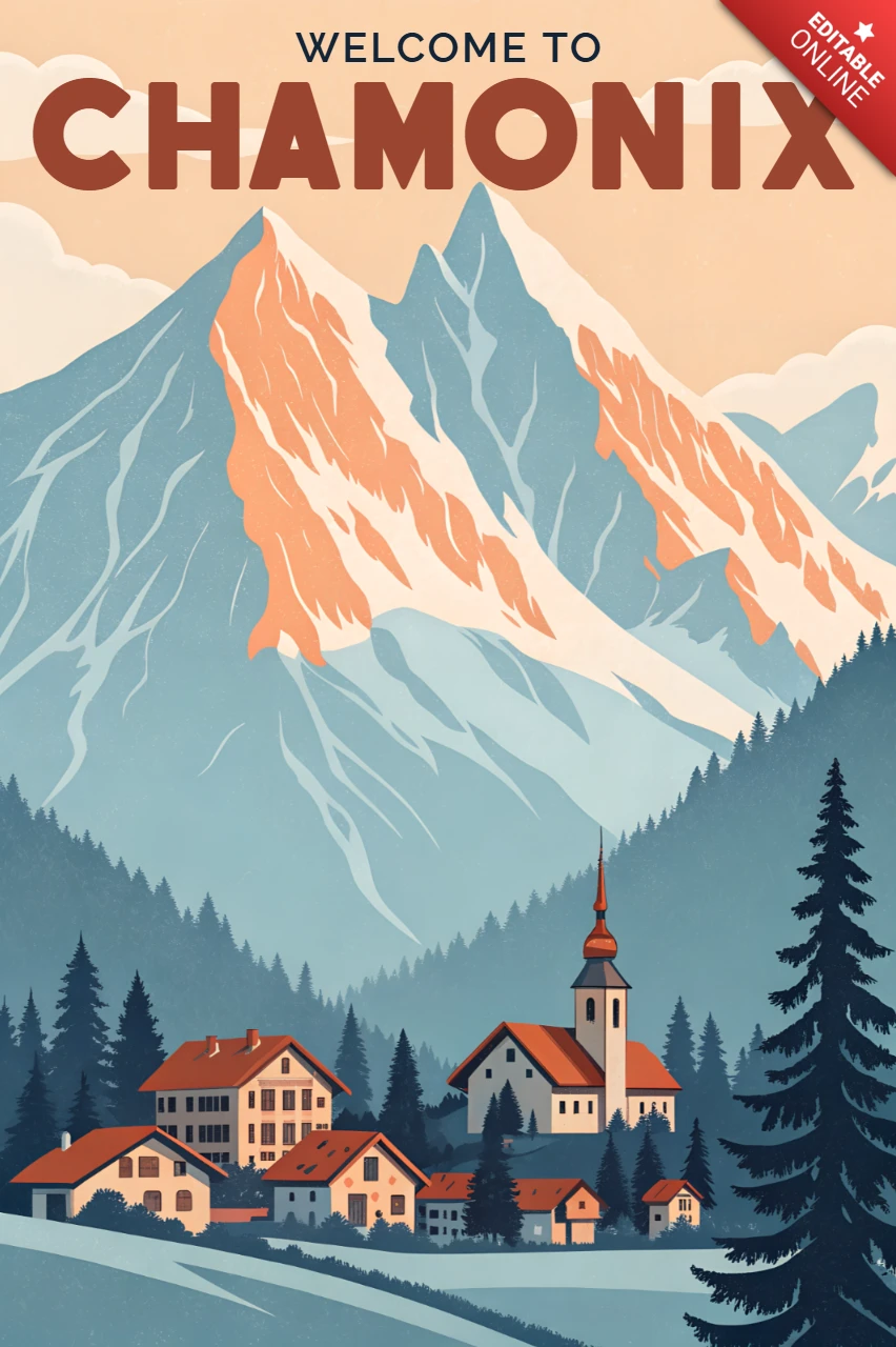 Template de design de paisagem montanhosa de Chamonix para cartazes de viagem