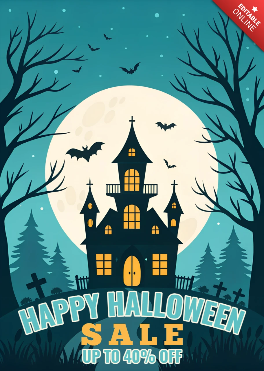 Spooky Halloween-Verkauf Flyer-Vorlage mit Geisterhaus-Design