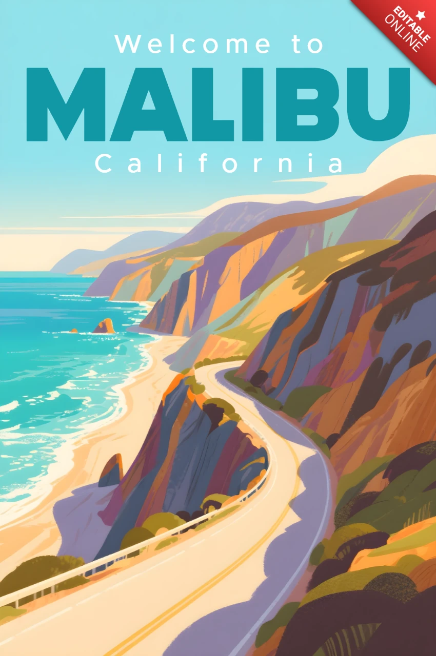 Conception de paysage côtier de Malibu pour art mural de voyage et modèle de marchandisage