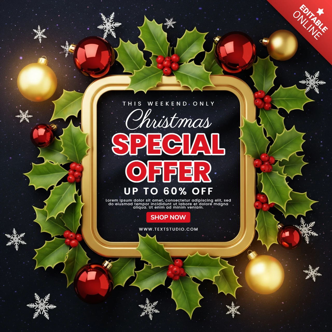 Holiday Promotion Poster Festive Christmas Sale Template with Decorative Frame and Bold Discount Text
