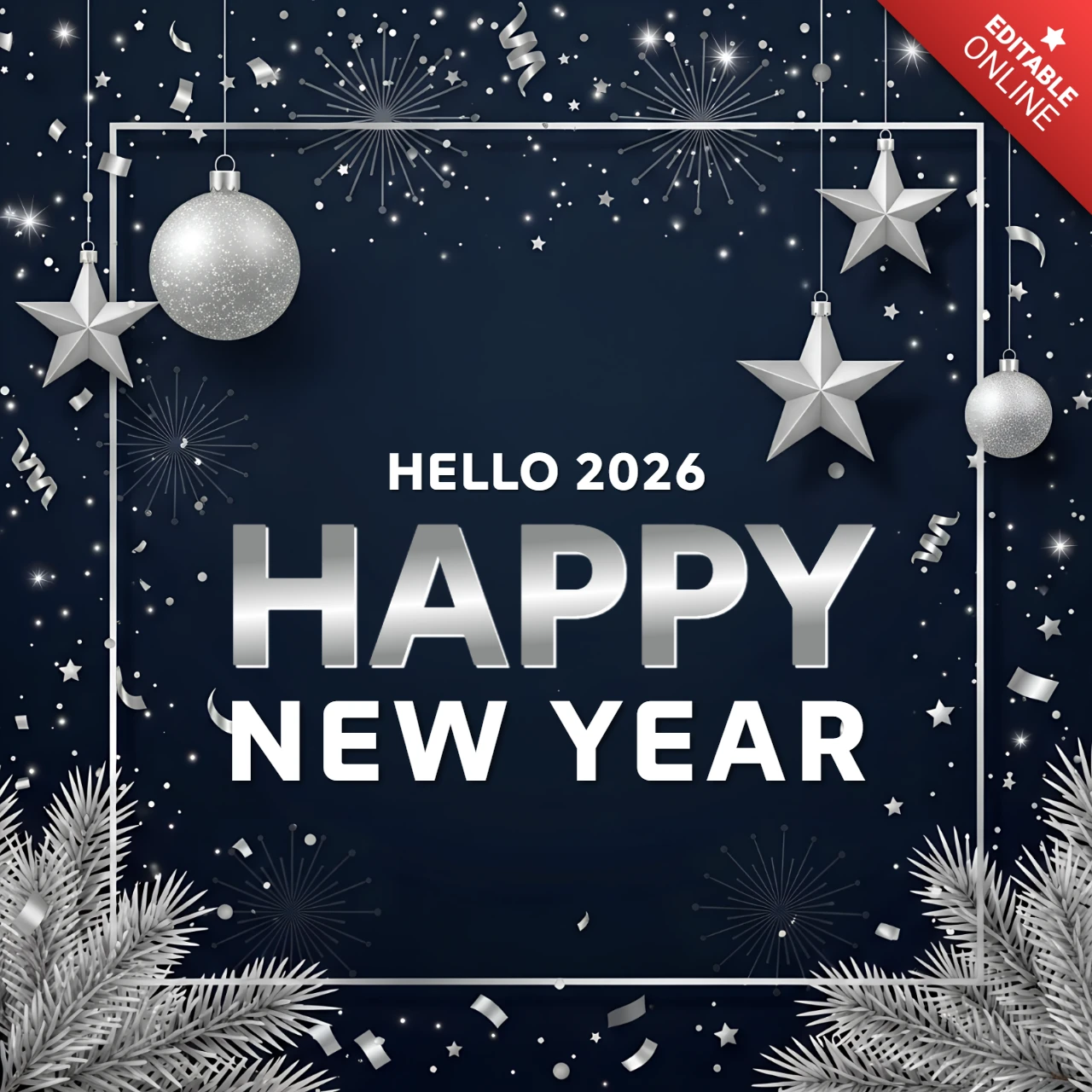 Neujahrsfeier-Vorlage mit silbernen Ornamenten und sternenklarem Hintergrunddesign für Grußkarten