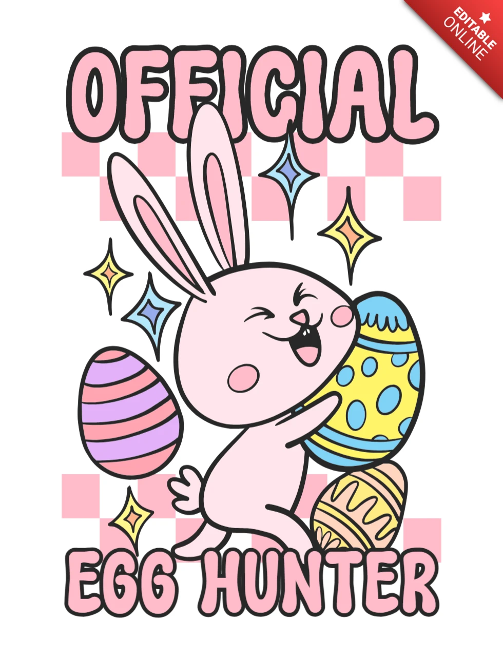 Plantilla de diseño de camiseta oficial de conejo cazador de huevos de Pascua con huevo de Pascua y acentos de brillo.