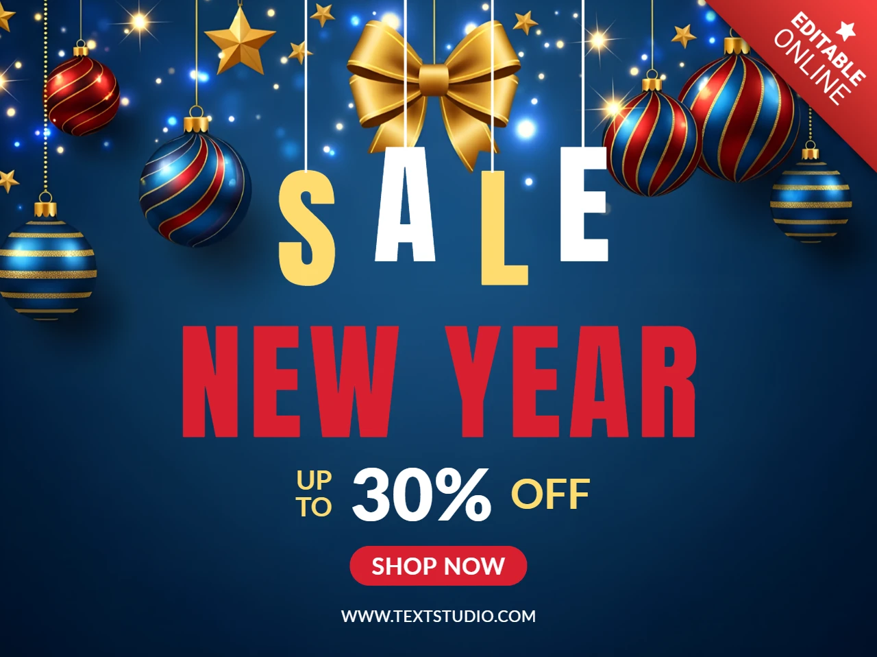 New Year Sale Design Template with Festive Ornaments and Bows for Promotional Flyers