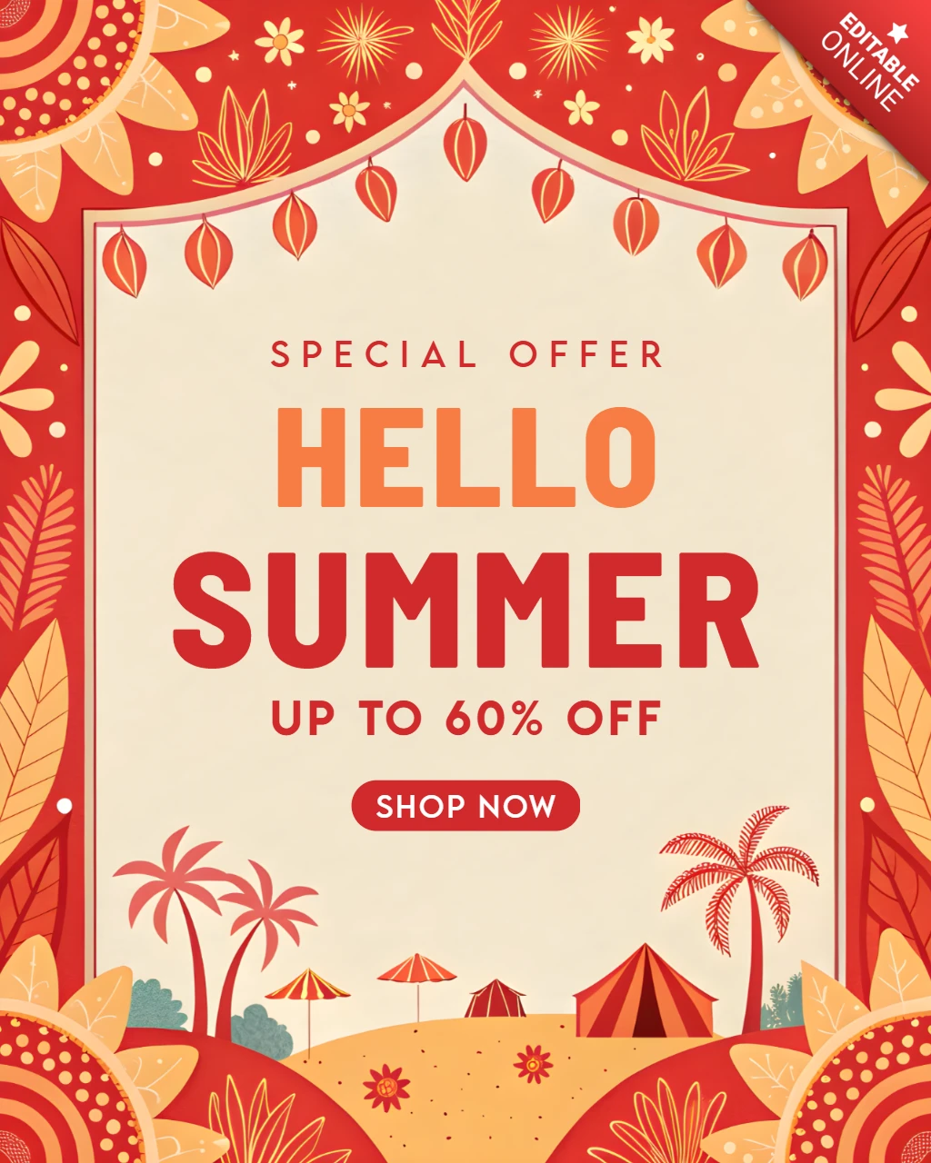 Vibrant Summer Sale Template Design with Tropical Desert Elements