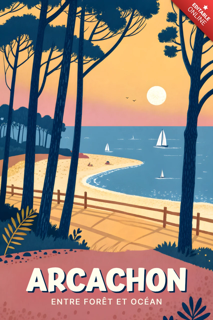 Retro-Flachküstenlandschaftsdesign-Vorlage für Arcachon-Reiseplakate