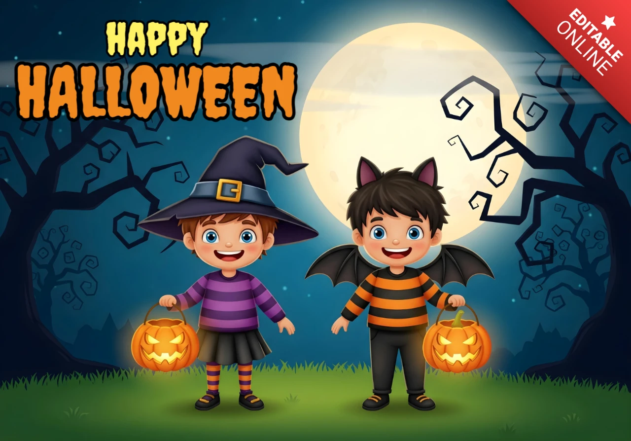 Cartaz da noite de Halloween, dupla de bruxa e morcego em uma floresta mágica com lanternas e design de lua cheia para panfletos festivos.