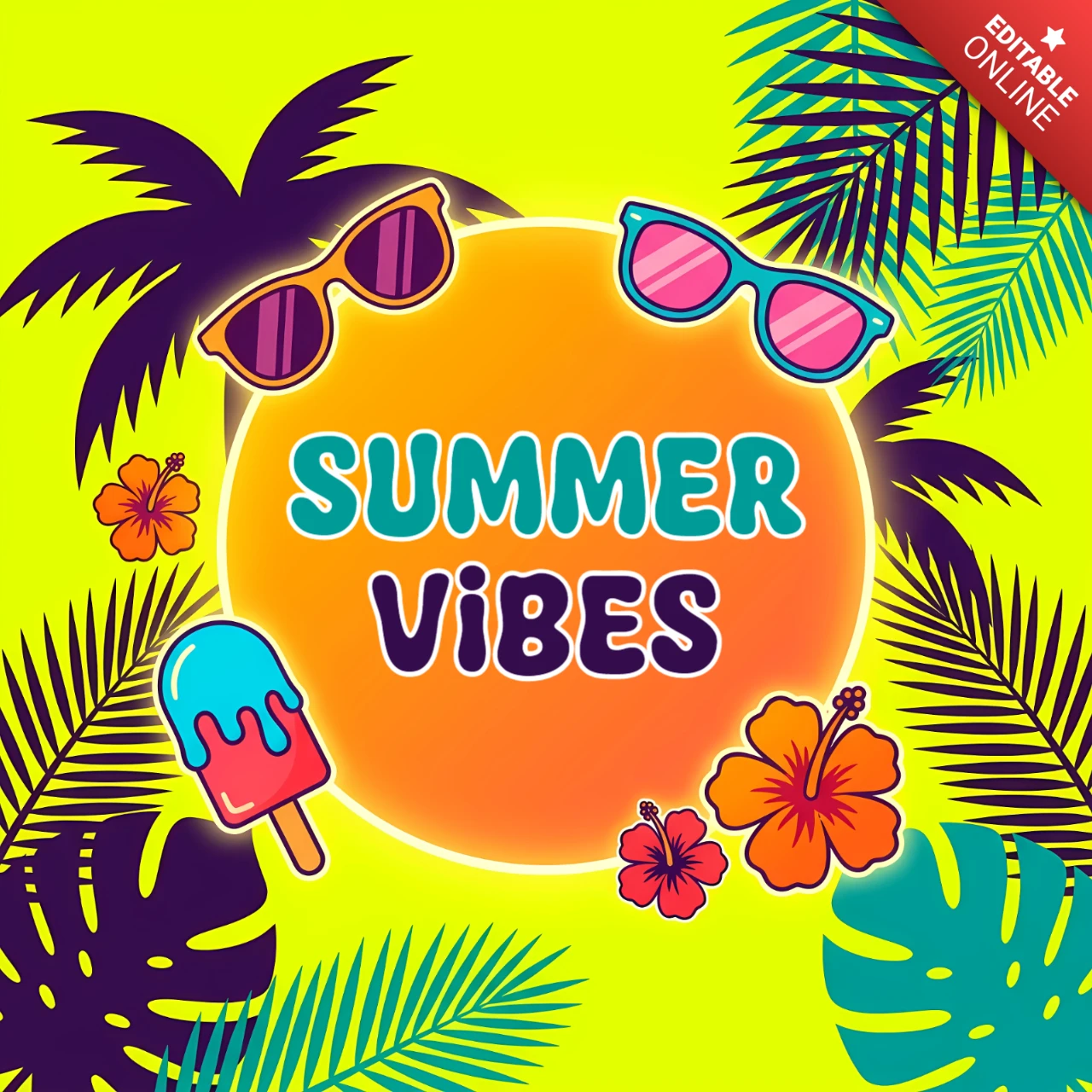 Bunte tropische Sommer-Vibes Urlaubskarte Vorlage