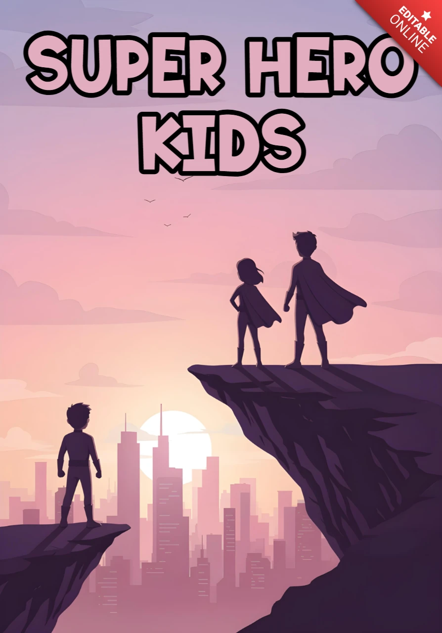 Super Hero Kids Sunset Cliff Scene with Caped Children Overlooking City Poster Design Template