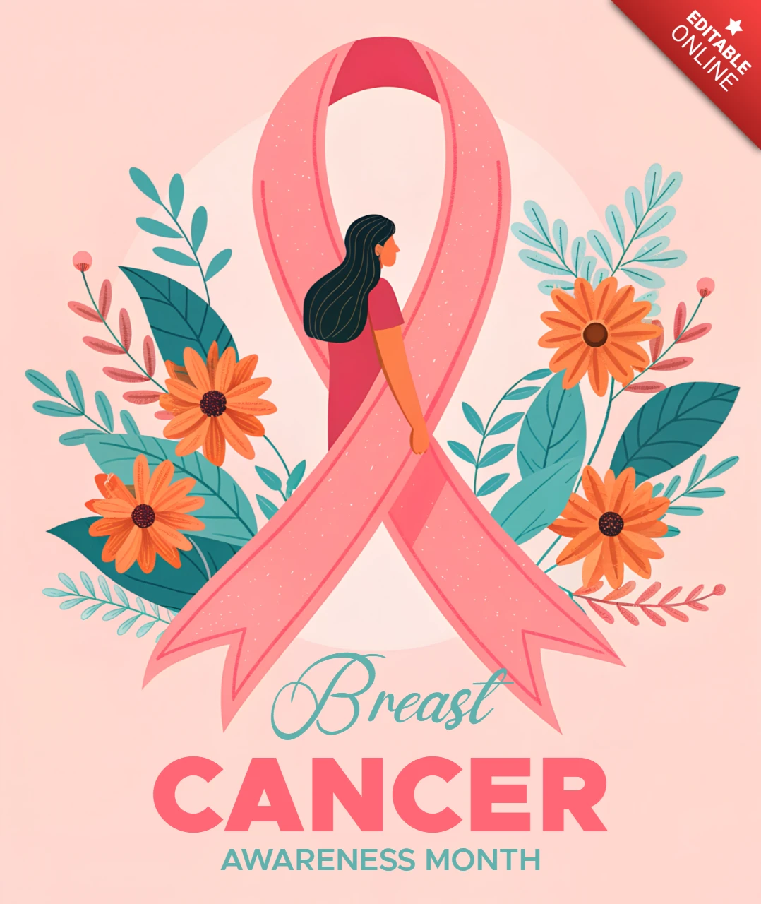Breast Cancer Awareness Month Design Template with Floral Elements for Posters