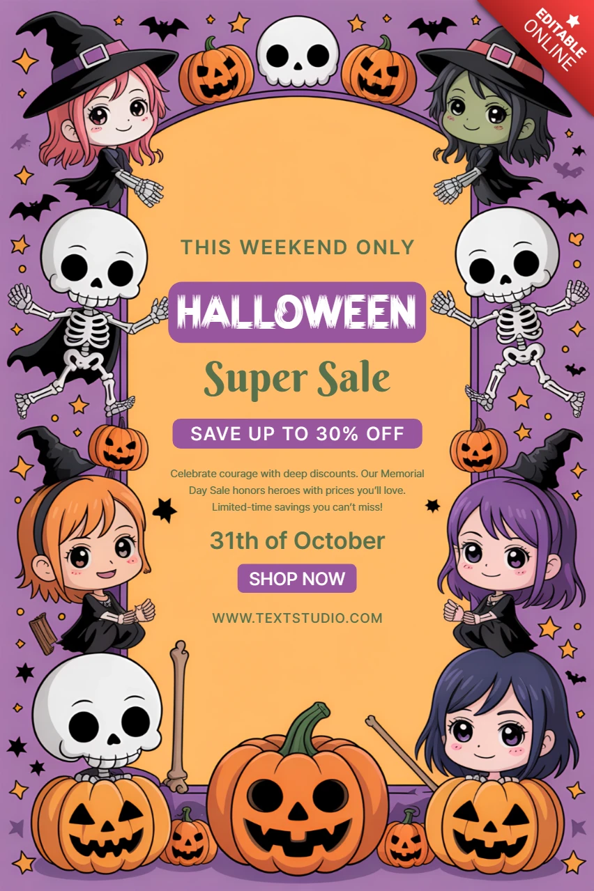 Plantilla de venta de Halloween caprichosa con personajes adorables para el diseño de volantes promocionales.