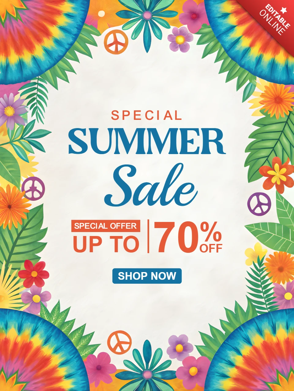 Modèle de design de vente d'été vibrant avec des éléments floraux et tie-dye