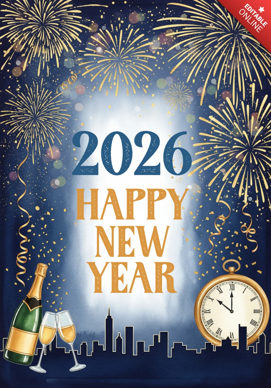 水彩の新年の挨拶テンプレート、太字の2026デザイン、金色の花火、真夜中の乾杯、祝いの輝き