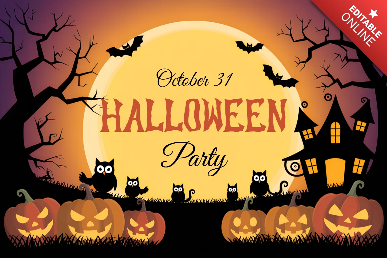 Spooky Halloween Party Design Template with Pumpkins and Haunted House