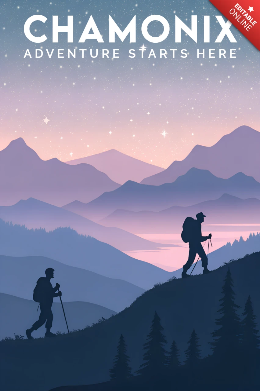Abenteuer-Wanderdesign-Vorlage mit Bergsilhouetten für Poster