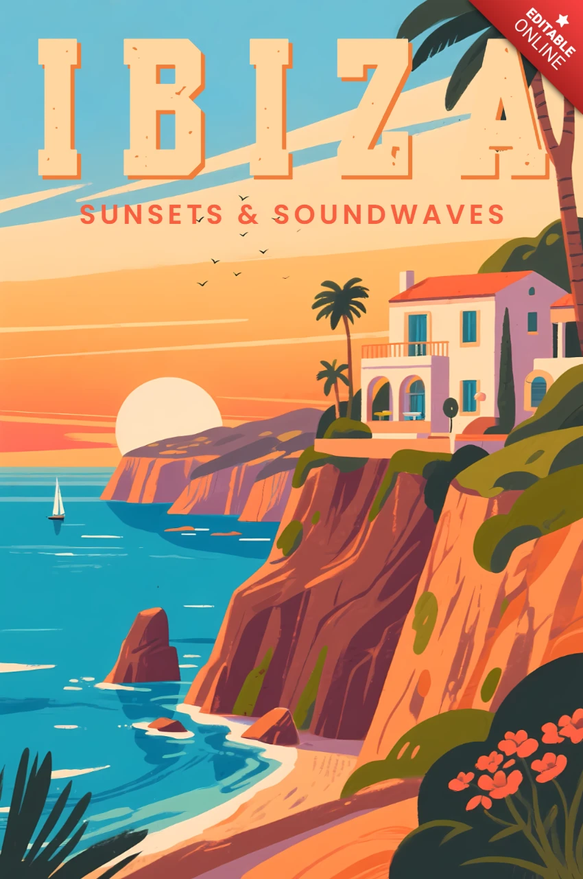 Retro Ibiza Sunset Design Template for Travel Posters