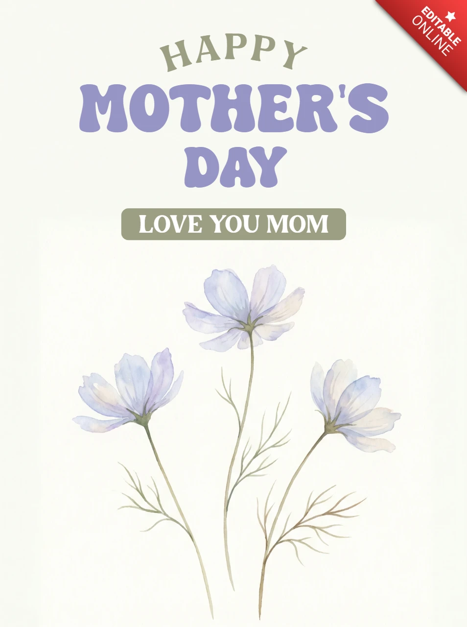 Moederdagkaart met banner 'Ik hou van je, mama' met aquarel paarse bloemen en zachte pastelgroene bladeren