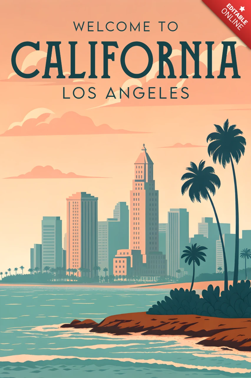 Template di design di poster di viaggio vintage della California con skyline e palme per arte da parete