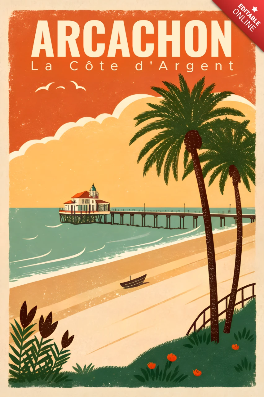 Vintage Arcachon Beach Design with Fishing Hut for Retro Flat Travel Poster