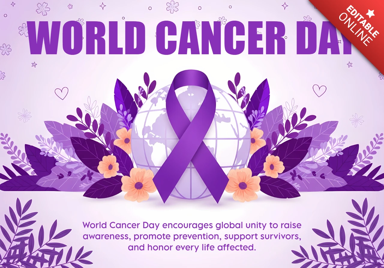 Plantilla de concienciación del día mundial contra el cáncer con diseño floral de cinta morada para carteles