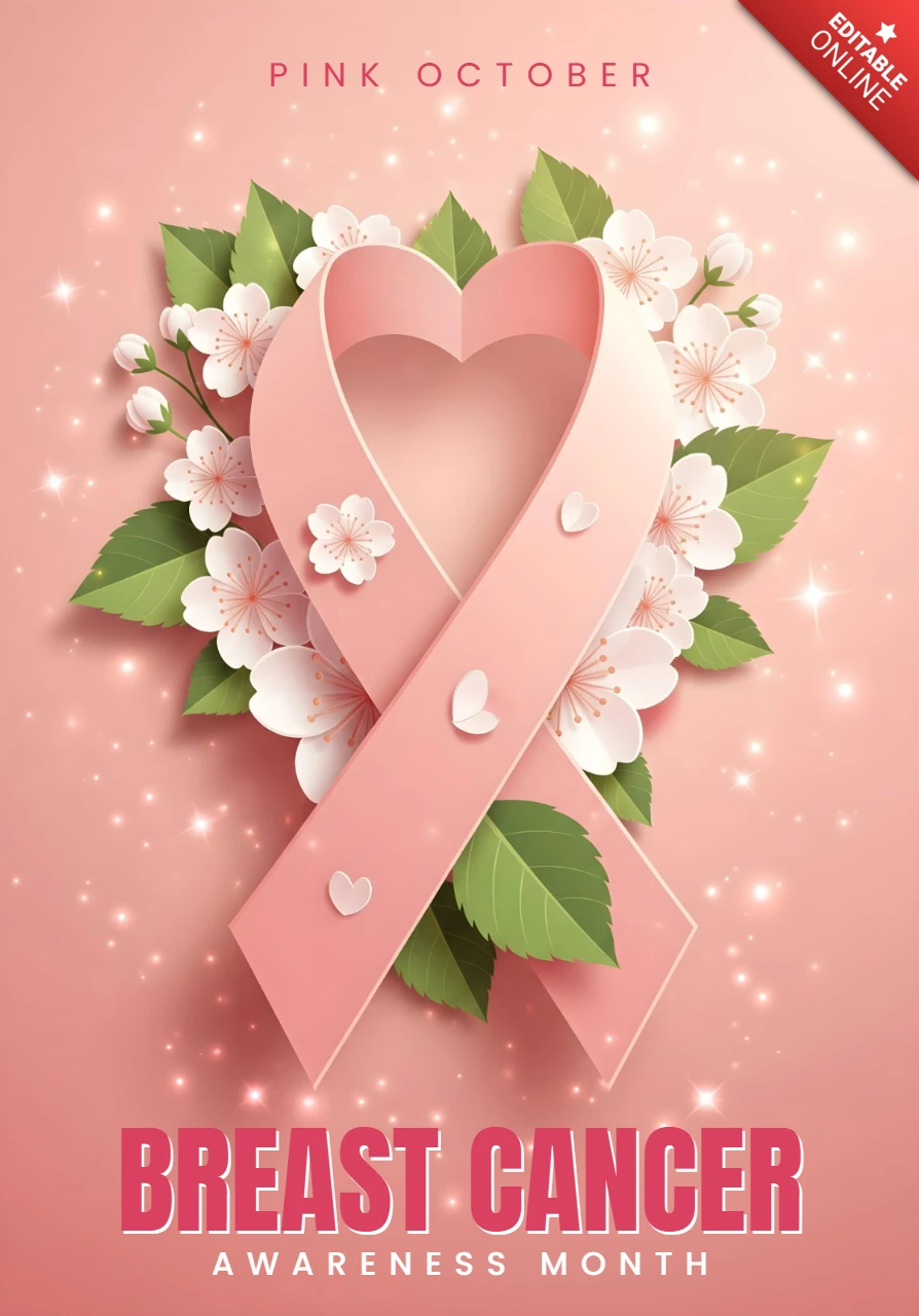 Rosa Oktober Dekoration Brustkrebsbewusstsein mit Herzband & Glitzer Plakatdesignvorlage