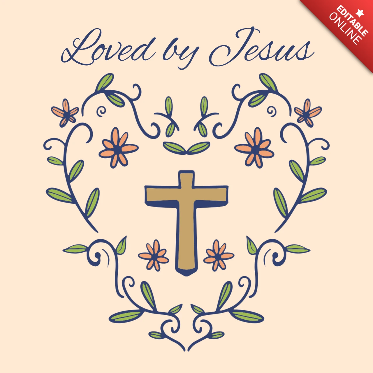 Loved by Jesus Golden Cross in Floral Heart Christian T-Shirt Design Template