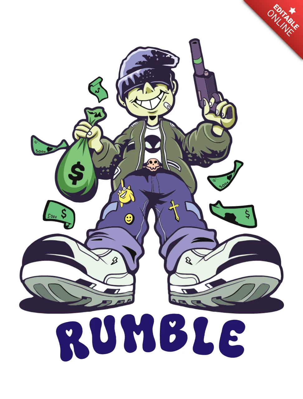 Urban Graffiti Style T-Shirt Design Template Featuring Cartoon Character with Money and Gun