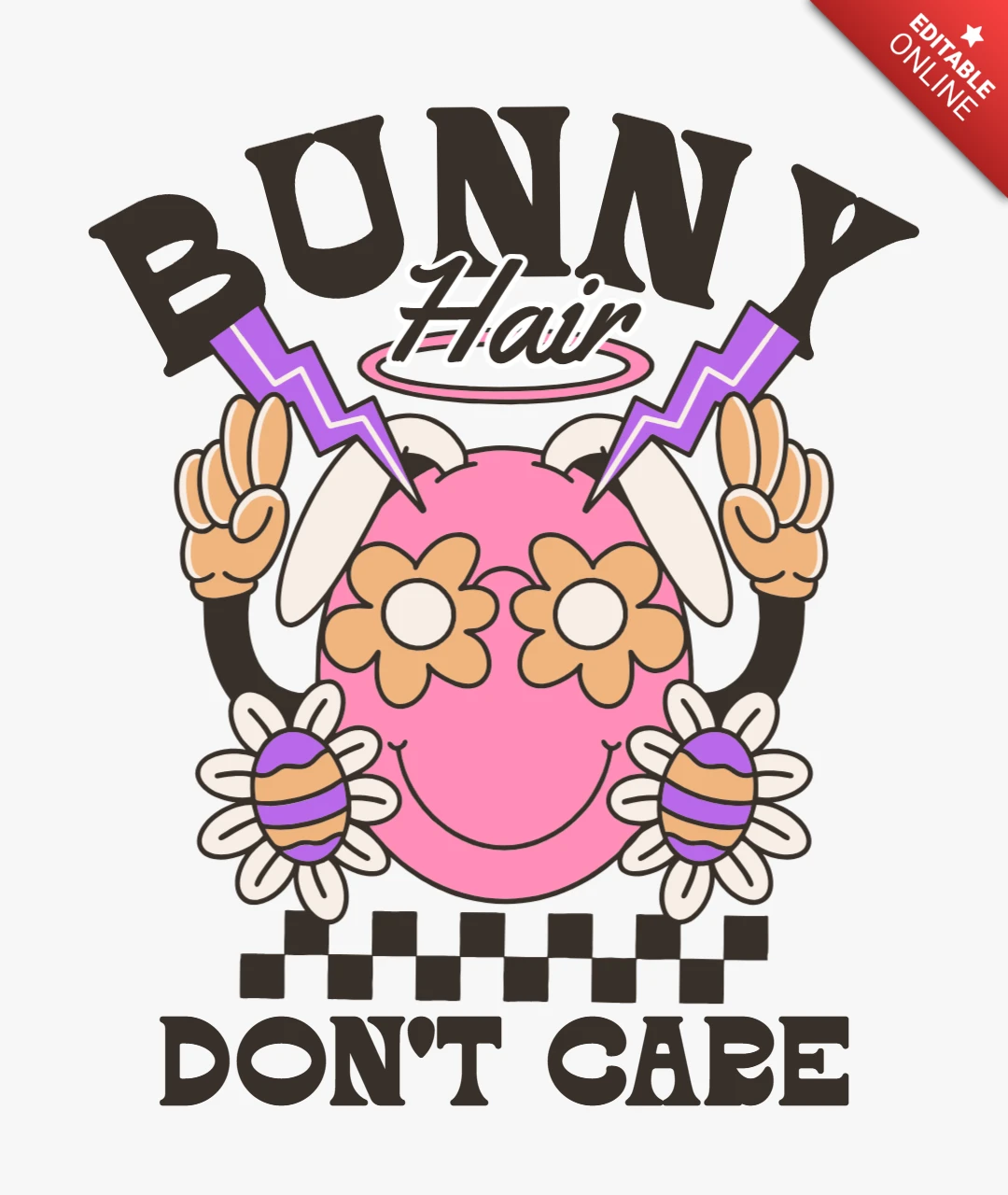 Bunny Hair Don’t Care Peace Sign Cartoon with Lightning & Flowers T-Shirt Design Template