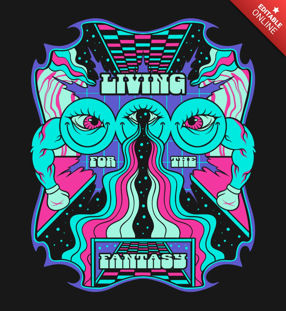 Living For The Fantasy Psychedelic Dreamscape Art T-Shirt Design Template