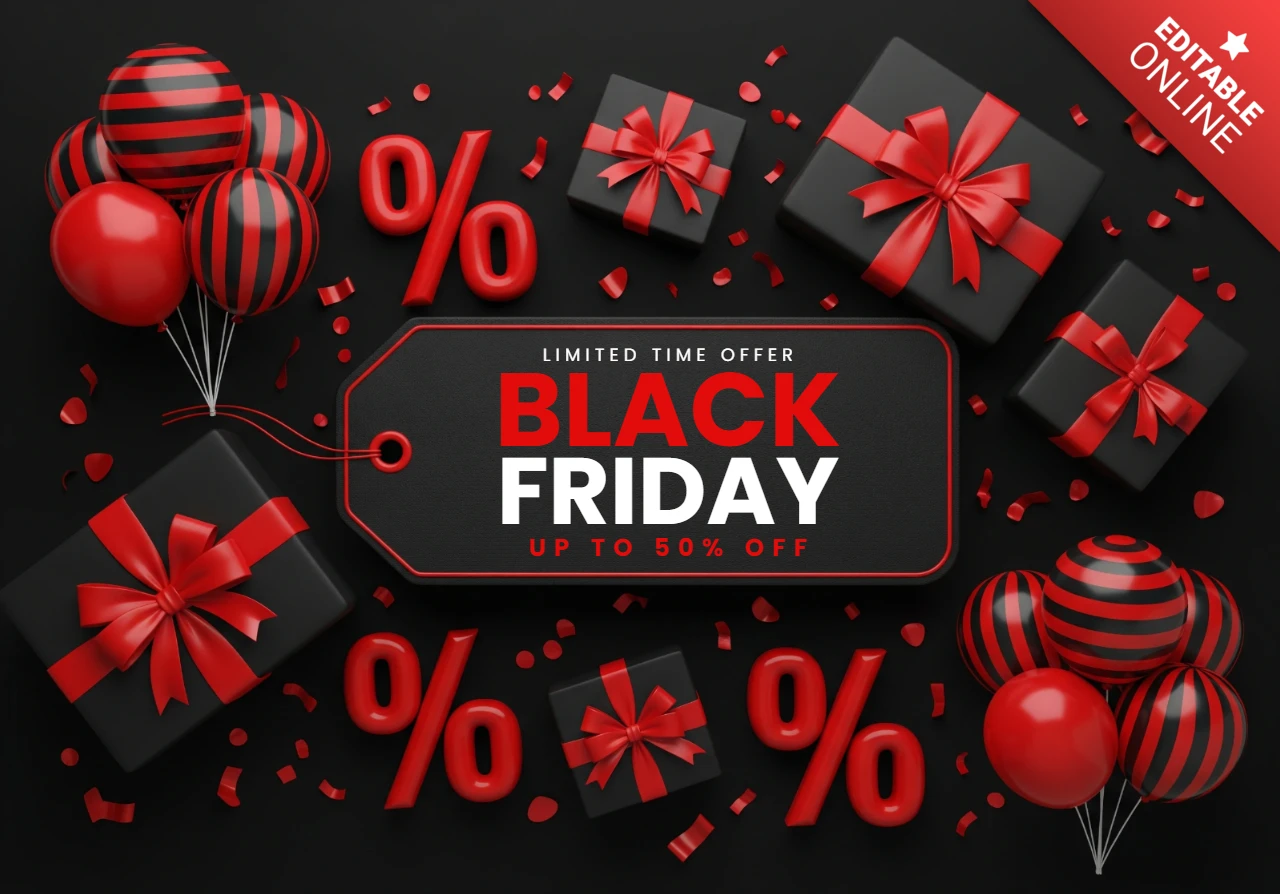 Festlicher Black Friday Verkauf rote Schleifen Geschenke und Prozent-Icons auf dunklem Hintergrund Designvorlage für Werbeflyer