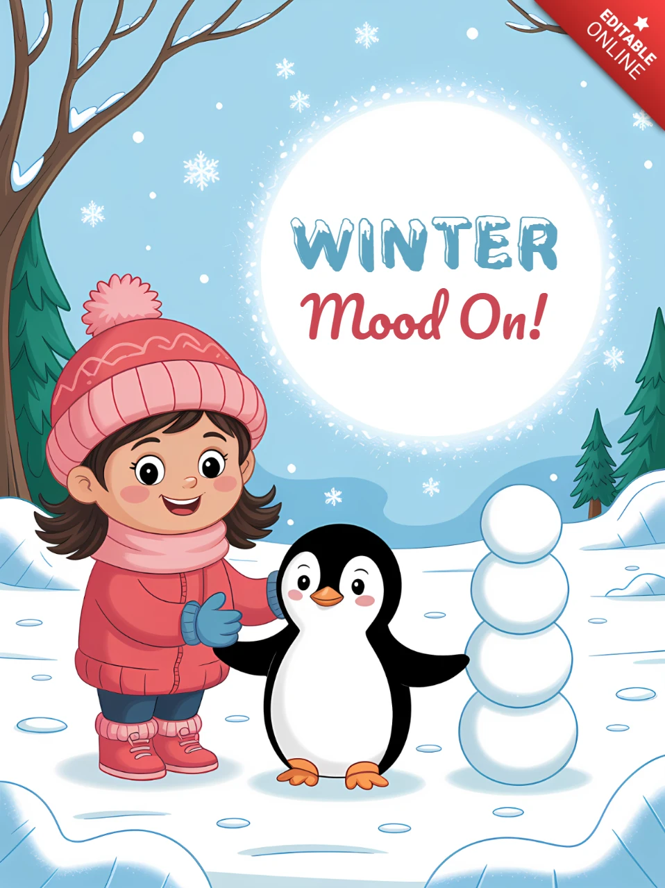 Winterstimmung auf Designvorlage mit süßem Pinguin für Grußkarten