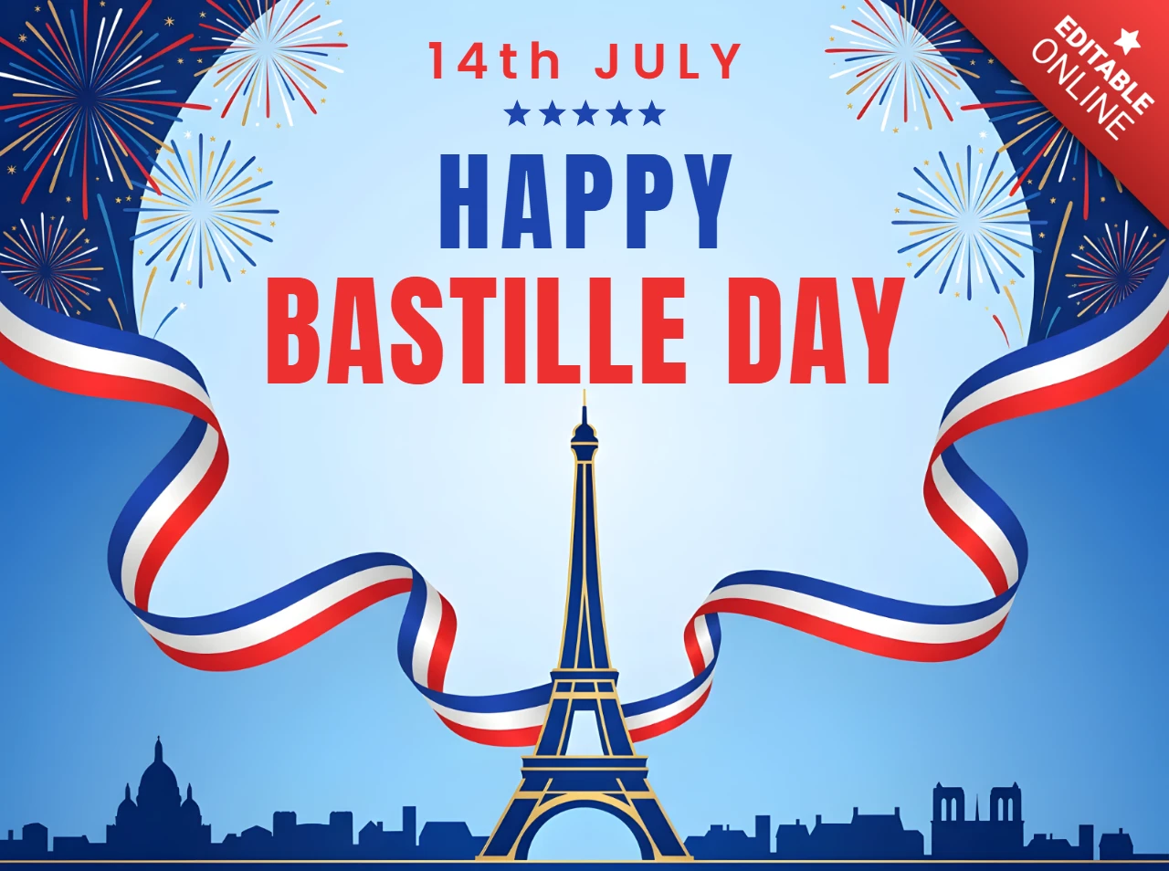 Carte de vœux joyeux 14 juillet avec la tour Eiffel et des éléments de la fête nationale française