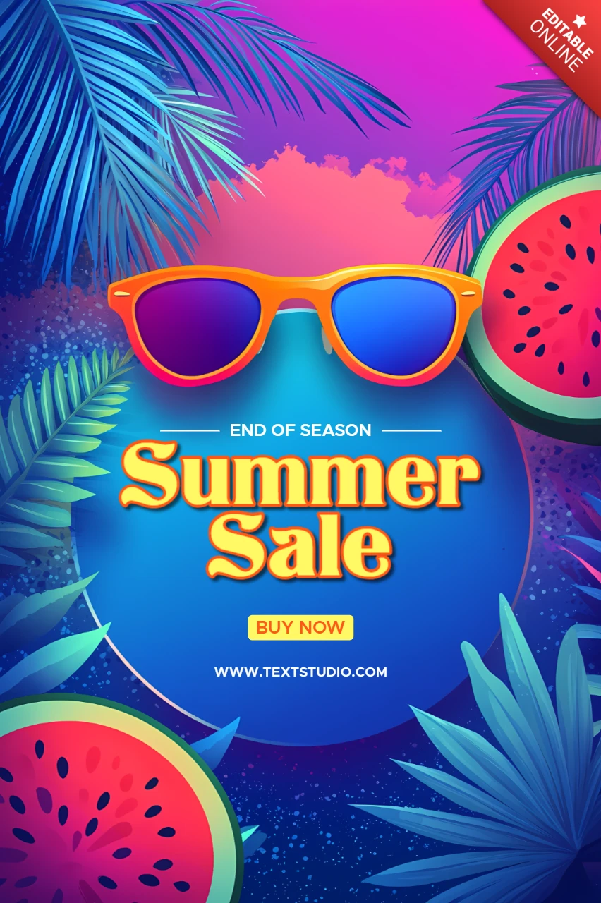 Retro-futuristic Vibrant Summer Sale Design Template with Tropical Elements