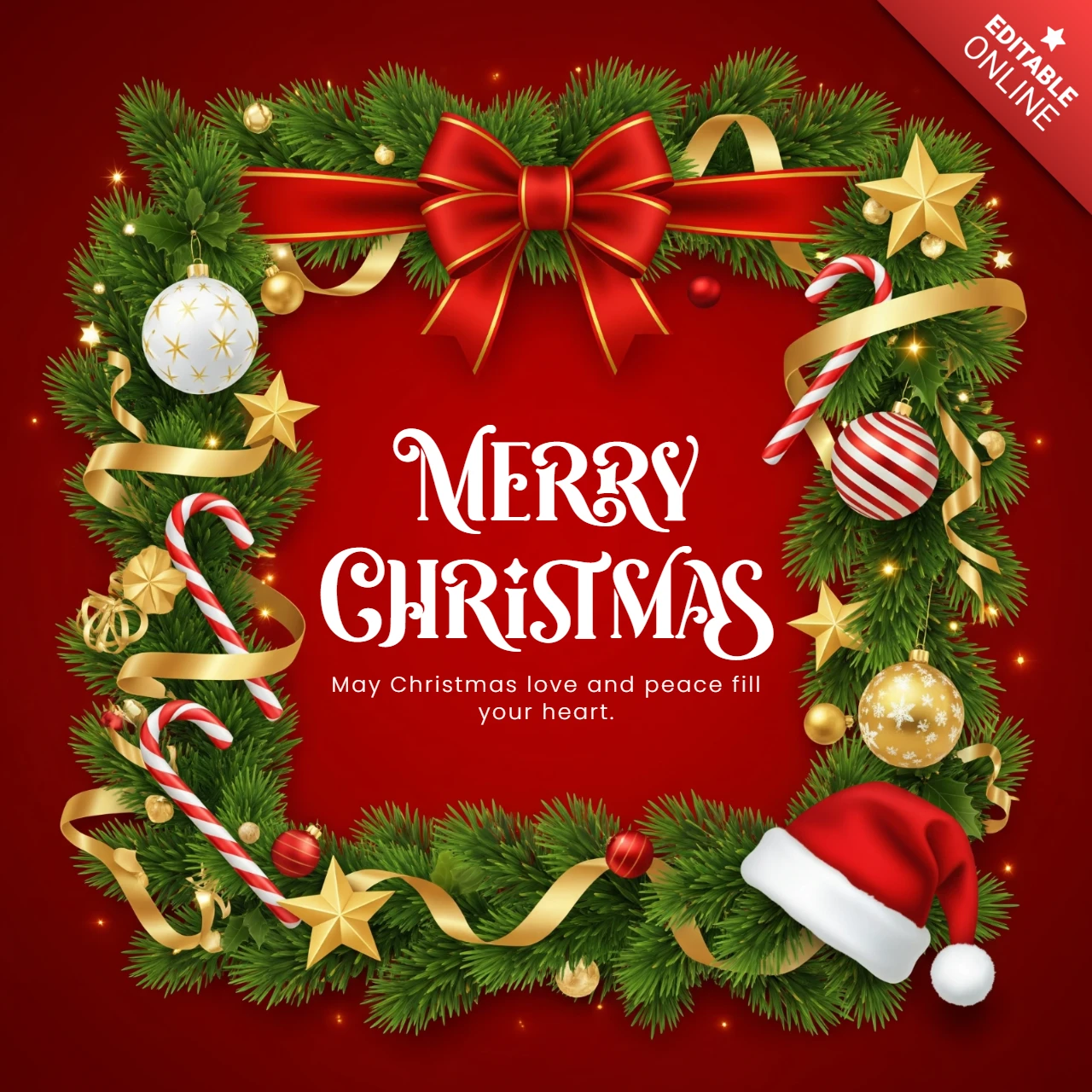 Merry Christmas Card Festive Wreath with Red Bow and Golden Stars Framing May Christmas Love and Peace Fill Your Heart Design Template