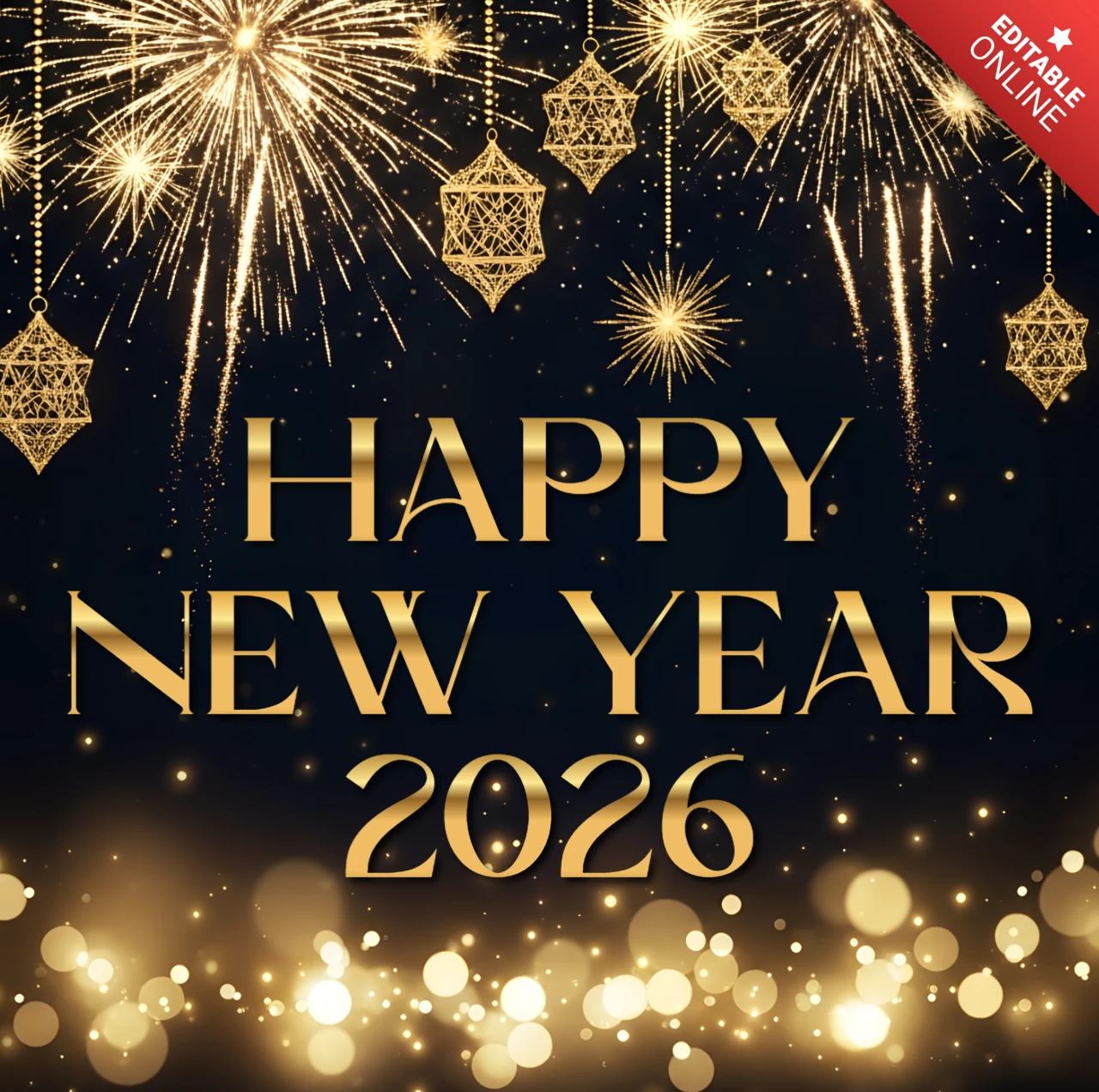 Elegante Neujahrsfeier-Vorlage 2026 mit funkelndem Feuerwerksdesign für Grußkarten