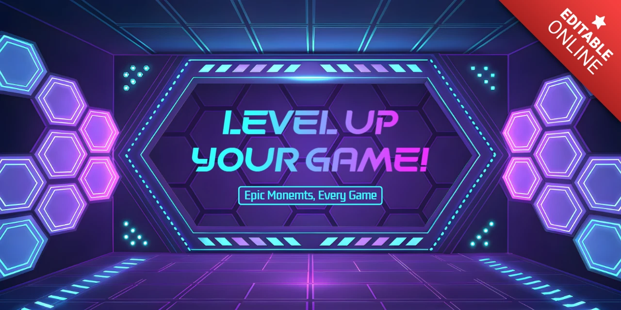 Futuristic Gaming Template with Neon Hexagons and Dynamic Design