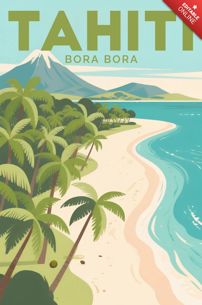 Template di design per poster di viaggio nel paradiso tropicale che presenta Tahiti e Bora Bora.