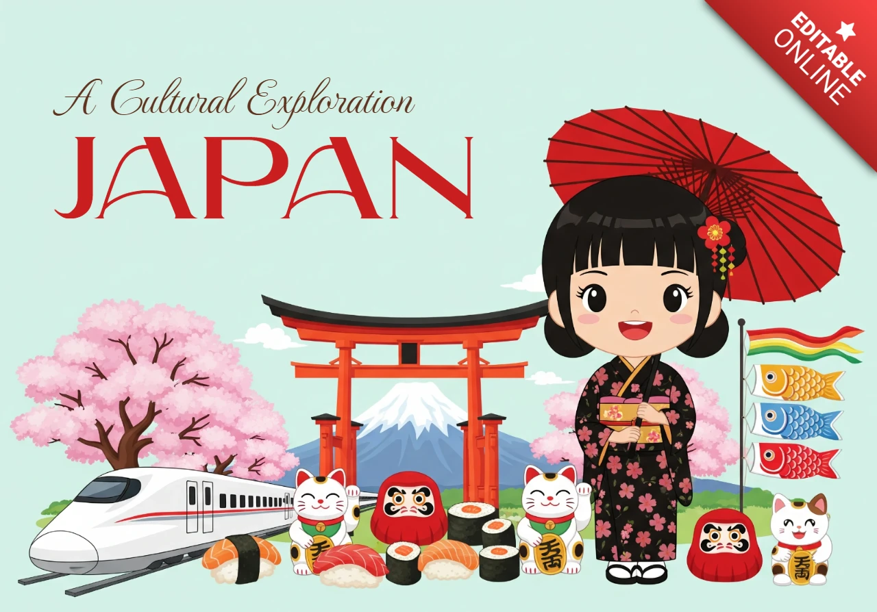 Japans erfgoed verken poster traditionele symbolen waaronder shinkansen, daruma-poppen, maneki-neko en koinobori