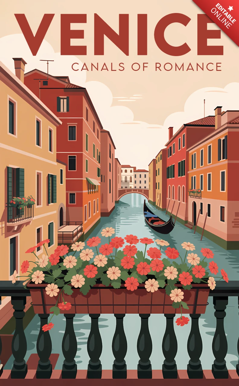 Venedig Kanäle der Romantik Retro-Designvorlage für Reiseposter