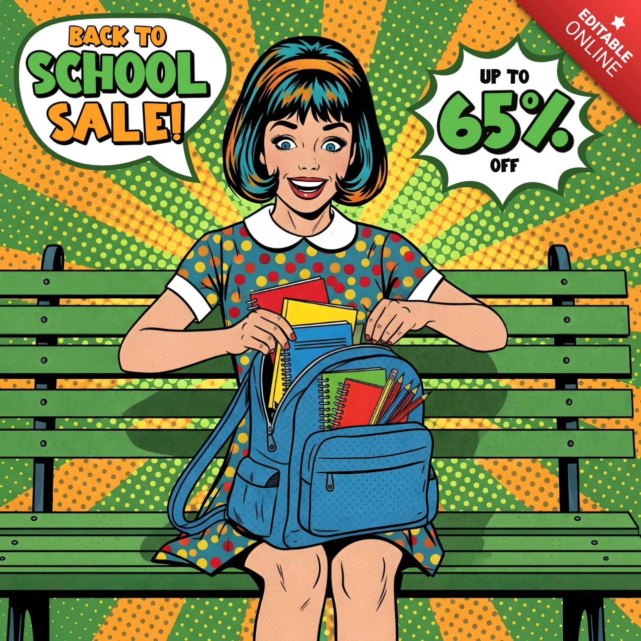 学生とバックパックのデザインテンプレートを使用したカラフルなコミックポスターの学校に戻る壁アート、プロモーションフライヤー用