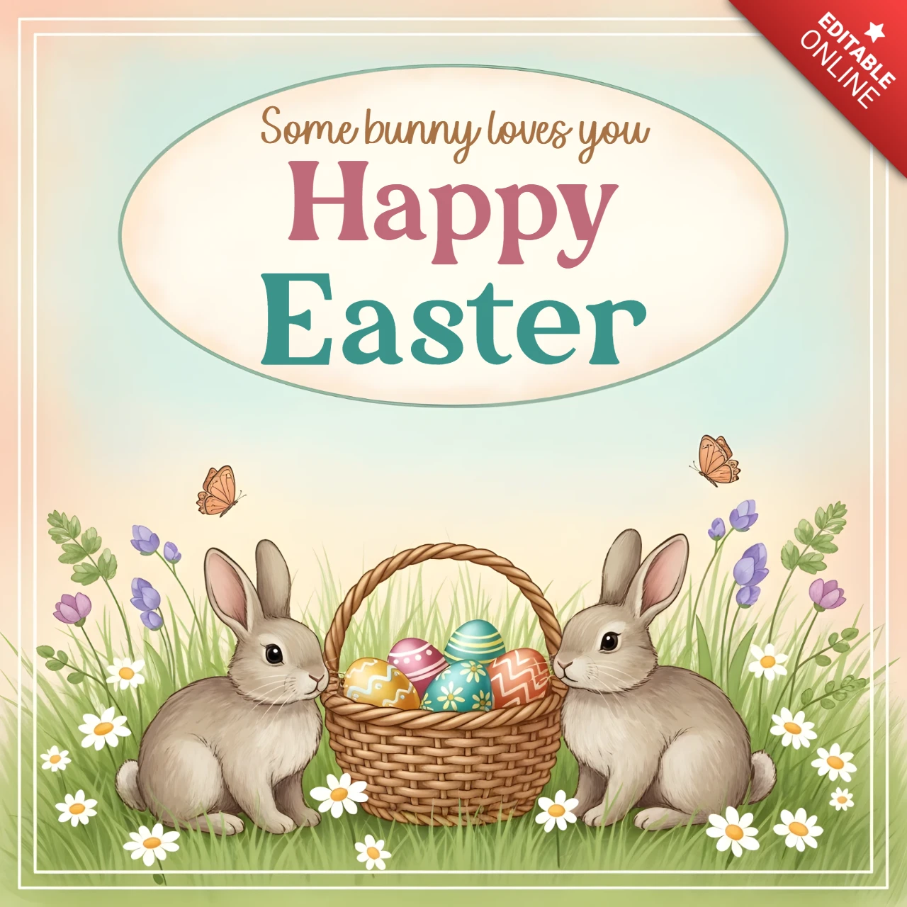 Cartolina di auguri di Pasqua — conigli con cestino di uova, fiori, farfalle e opere d'arte festose
