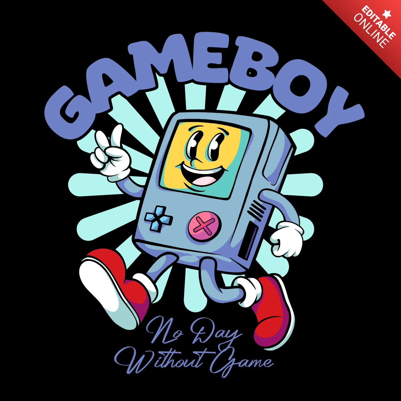 Nenhum dia sem jogo, personagem alegre de gameboy espalhando modelo de design de camiseta.