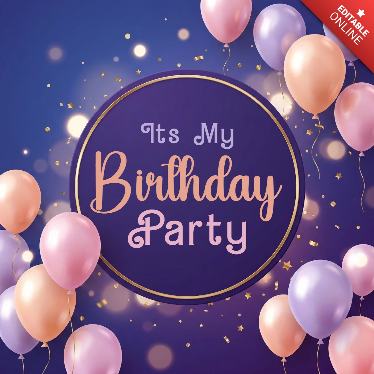 Birthday Party Invitation Poster Dark Purple Background with Balloons, Golden Confetti, and Elegant Celebration Theme