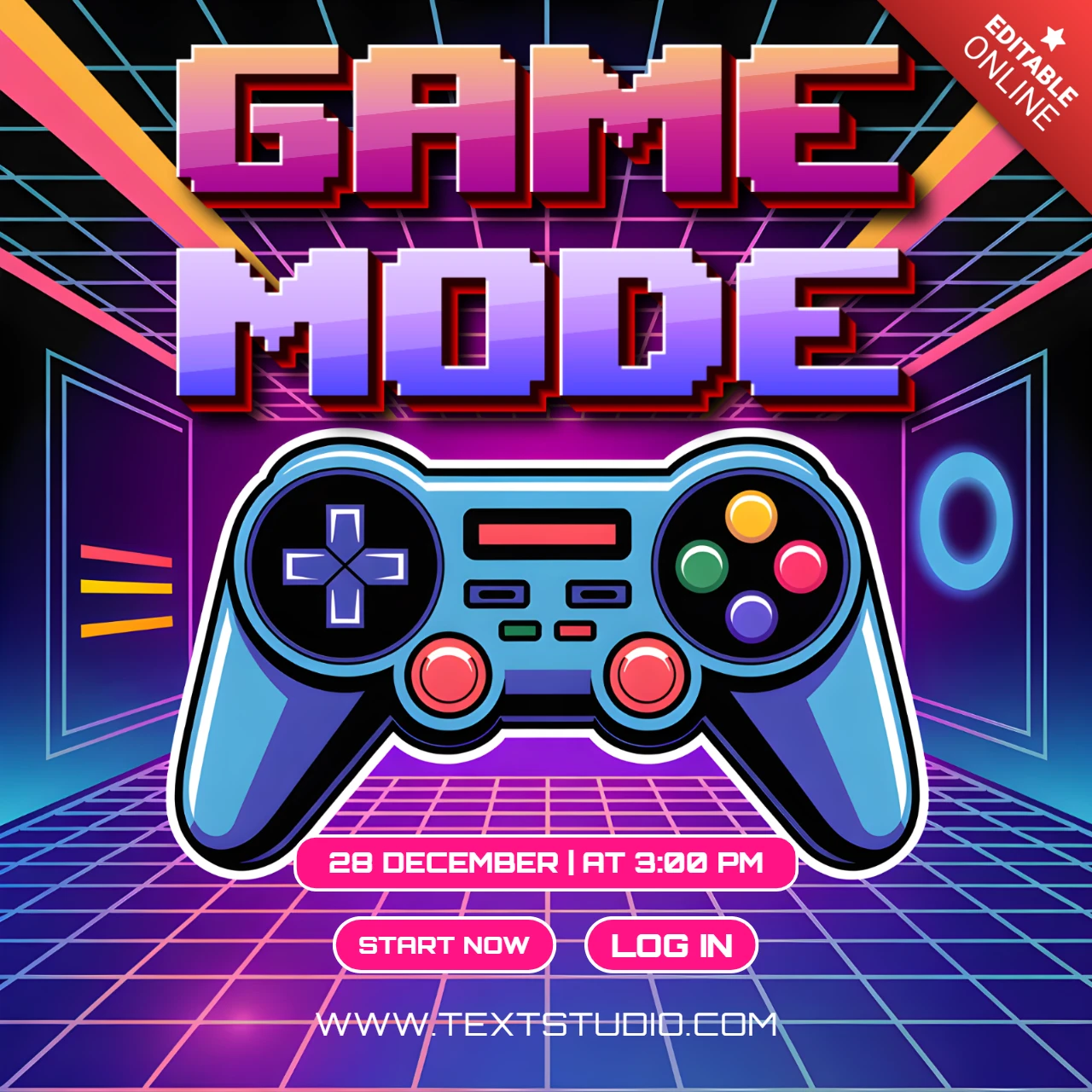 Template di retro gaming con design del controller per promozione di eventi